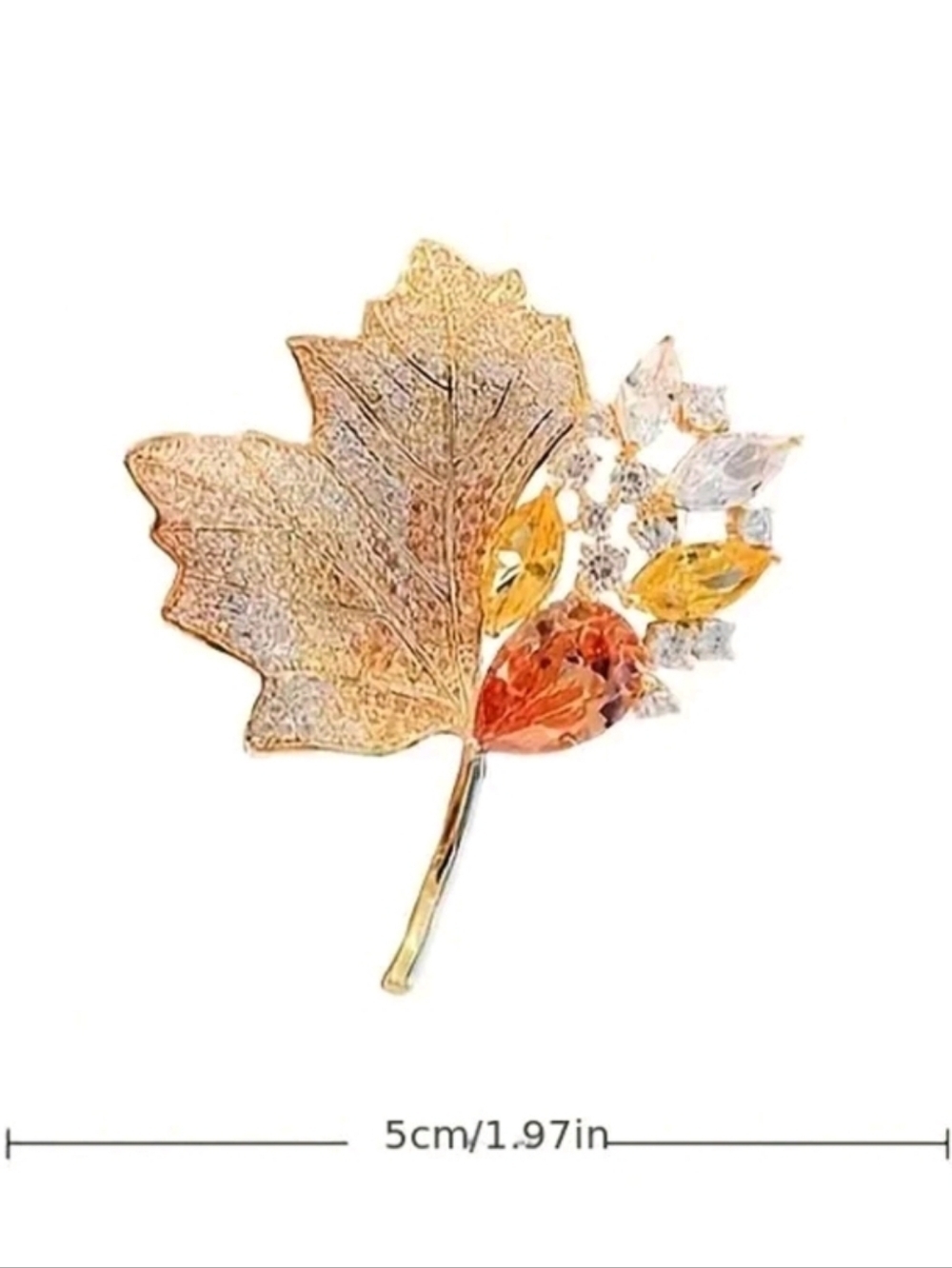Golden Maple Leaf Rhinestone Brooch Pin - Picture 2 of 4